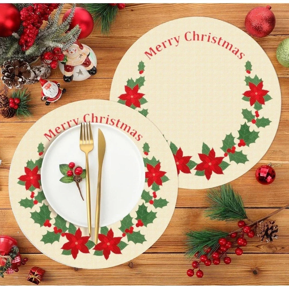 Remerry Poinsettia Round Christmas Placemats Set of 8,Flower Xmas Red Embroidere